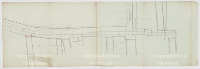 1 vue  - Plans de la R.N. 156 (route royale) de Blois à Châteauroux : route de Blois au Blanc en Berry, plan de la traverse du bourg de Cellettes, 25 mai 1790. (ouvre la visionneuse)