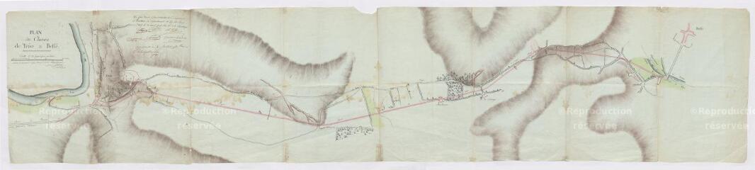 1 vue  - Plan de la route de Montoire à Bessé : partie projetée à ouvrir entre Trôo et Bessé, 12 avril 1793 (ouvre la visionneuse)