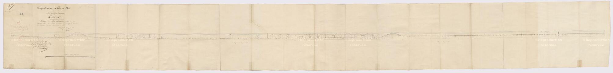 1 vue  - Plan de l\'élévation des Ponts Chartrains, partie comprise entre la levée des Parcs et celle de l\'arpent servant au débouché des crues supérieures à 5 mètres, 31 décembre 1825 (ouvre la visionneuse)