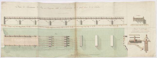1 vue  - Plan de la R.D. d\'Orléans au Blanc : projet de reconstruction du pont en charpente établi à Romorantin sur le grand bras de la Sauldre (ouvre la visionneuse)