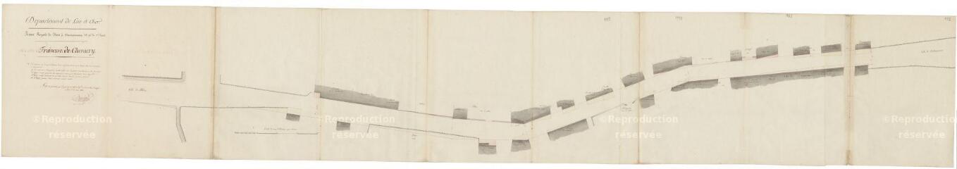 1 vue  - Chemery : R.N. 156 (route nationale) ; plan de la traverse du bourg, 1822. (ouvre la visionneuse)