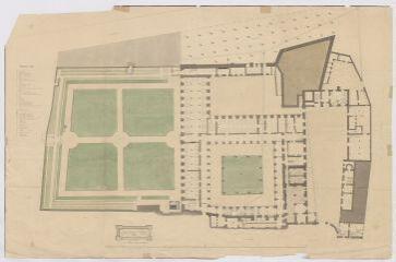 1 vue  - [Blois] : Hôtel-Dieu et militaire de Blois : plan du rez-de-chaussée, par A. Pinault, 10 juillet 1841, plume et aquarelle. (ouvre la visionneuse)
