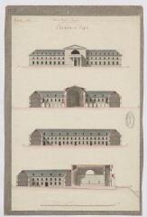 1 vue  - Blois : avant-projet d\'hospice : élévation et profils, par Mandart, 1785, plume et aquarelle. Provenance : fonds de l\'architecte Jules de La Morandière (F 414). (ouvre la visionneuse)