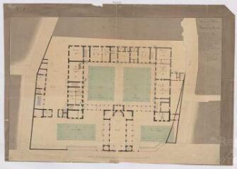 1 vue  - [Blois] : plan du rez-de-chaussée de l\'hôpital de Vienne, par A. Pinault, mars 1839, plume et aquarelle. Provenance : fonds de l\'architecte Jules de La Morandière (F 414). (ouvre la visionneuse)
