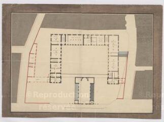 1 vue  - [Blois] : plan du premier étage de l\'hôpital de Vienne, par A. Pinault, mars 1839, plume et aquarelle. Provenance : fonds de l\'architecte Jules de La Morandière (F 414). (ouvre la visionneuse)