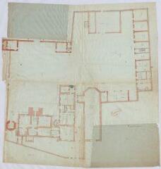 1 vue  - [Oucques : plan au sol de la cour et du château, XVIIIe siècle], plume et aquarelle. (ouvre la visionneuse)