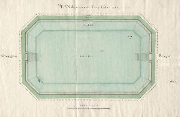1 vue  - [Talcy] : plan du vivier de Talcy fait en 1762 [entre l\'orangerie et le potager], plume et aquarelle. (ouvre la visionneuse)