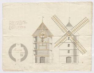 1 vue  - [Lieu indéterminé : plan d\'un moulin à vent : élévation du dehors et coupe du milieu, XVIIIe ?], plume et aquarelle. (ouvre la visionneuse)