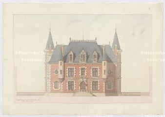 1 vue  - [Blois : Chocolaterie Poulain : façade principale de l\'usine de la Villette, par l\'architecte Poupard, ca 1872], plume et aquarelle. (ouvre la visionneuse)