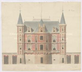 1 vue  - [Blois : Chocolaterie Poulain : façade sur le jardin de l\'usine de la Villette] par l\'architecte Poupard, [ca 1872], plume et aquarelle. (ouvre la visionneuse)