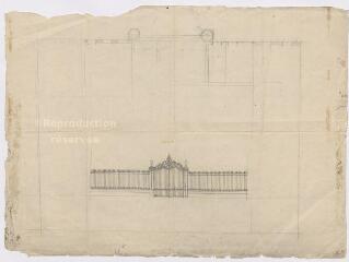 1 vue  - [Blois : croquis de la grille d\'entrée de l\'usine de chocolat Poulain par Poupard, architecte, fin XIXe - début XXe siècle], crayon. (ouvre la visionneuse)