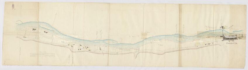 1 vue  - [Le Cher canalisé : secteur Montrichard ville, Bourré, Angé, Monthou-sur-Cher, 1825], plume et aquarelle. (ouvre la visionneuse)