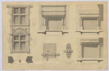 1 vue Chémery : croquis de détails (cheminées, fenêtres, serrures) du château, 1903. Provenance : Fonds Pierre Chauvallon.