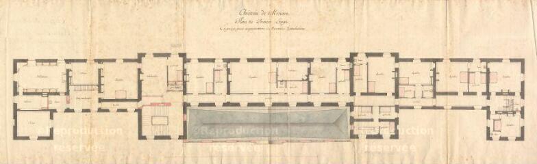 2 vues  - MENARS.- Château : plan de détail du premier étage du bâtiment principal ; 1765 ; échelle graphique (ouvre la visionneuse)
