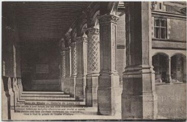 1 vue  - Château. Galerie de Louis XII.- Splendide galerie à jour formée par une suite d\'arcades soutenues par des colonnes richement sculptées alternativement rondes et carrés. De chaque côté deux pavillons renfermant des escaliers. Dans le fond, la galerie de Charles d\'Orléans. (ouvre la visionneuse)