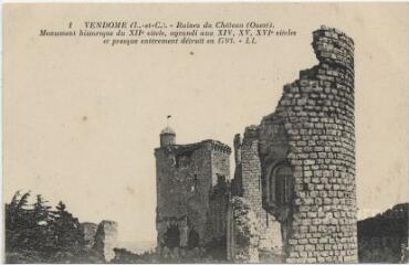 1 vue  - Ruines du château (ouest). Monument historique du XIIe siècle, agrandi aux XIV, XV, XVIe siècles et presque entièrement détruit en 1793. (ouvre la visionneuse)