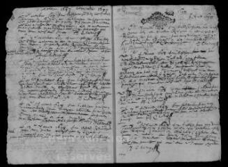 10 vues  - Registre paroissial. Baptêmes, séputures (mars-décembre 1697), baptêmes, mariages, sépultures (1698). (ouvre la visionneuse)