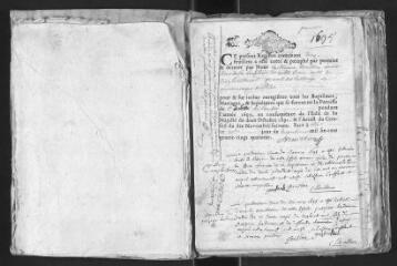 149 vues Registre paroissial. Baptêmes, mariages, sépultures (1695-février 1718)