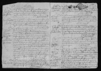 12 vues  - Registre paroissial. Baptêmes, mariages, sépultures (novembre 1694-décembre 1697) ; baptêmes, séputures (janvier-avril 1698) (ouvre la visionneuse)