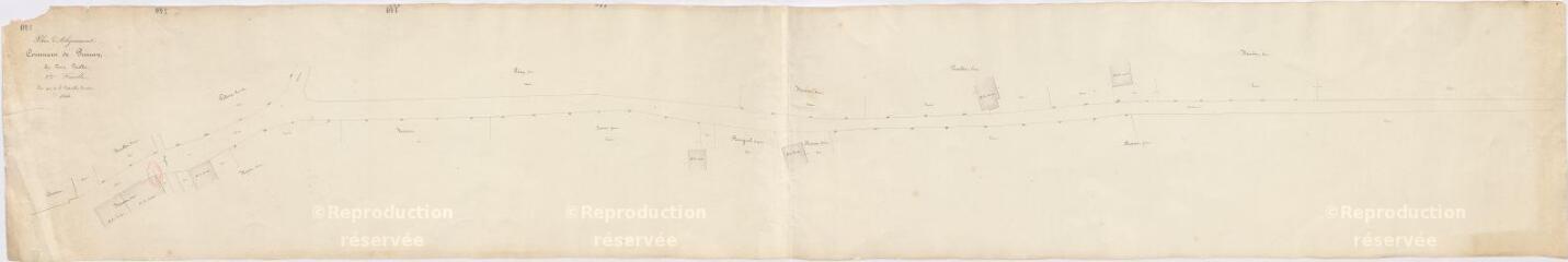 1 vue [Prunay-Cassereau] : plan d'alignement de la commune de Prunay, 3e feuille, par B. Préteseille, 1846.