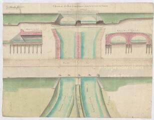 1 vue  - Plans de la R.N. 152 (route nationale) de Briare à Angers, XVIIIe siècle : route de Menars, élévation du pont à construire dans la traverse de Suèvres. (ouvre la visionneuse)