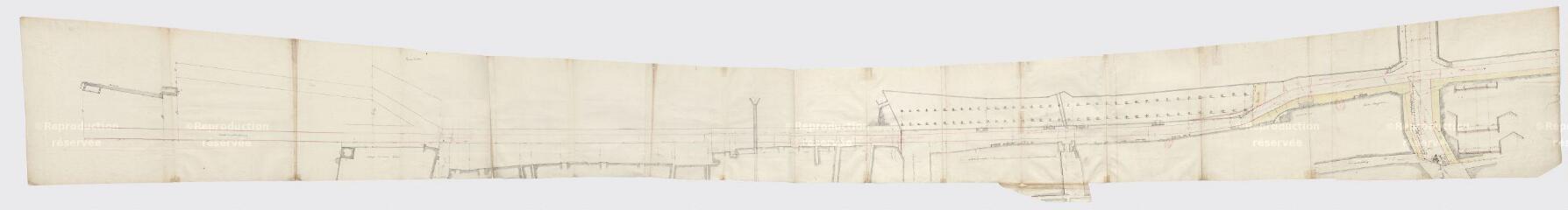 1 vue  - Plans de la R.N. 152 (route nationale) de Briare à Angers, XVIIIe siècle : plan de la traverse du faubourg Saint-Jean de Blois à prendre de la première tuilerie au milieu du grand pont de Blois. (ouvre la visionneuse)