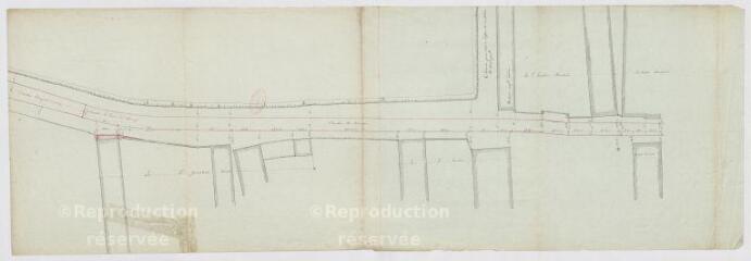 1 vue  - Plans de la R.N. 156 (route royale) de Blois à Châteauroux : route de Blois au Blanc en Berry, plan de la traverse du bourg de Cellettes, 25 mai 1790. (ouvre la visionneuse)