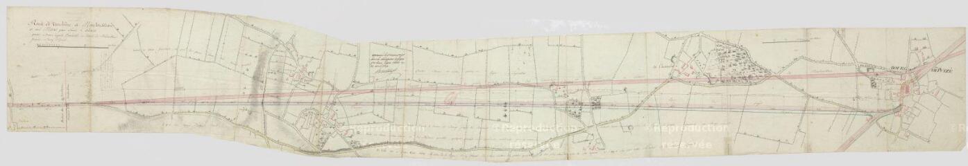 1 vue  - Plan de la route de Vendôme à Mondoubleau et au Mans par Saint-Calais, partie depuis le commencement du district de Mondoubleau jusqu\'à Epuisay, levé en septembre 1791. (ouvre la visionneuse)
