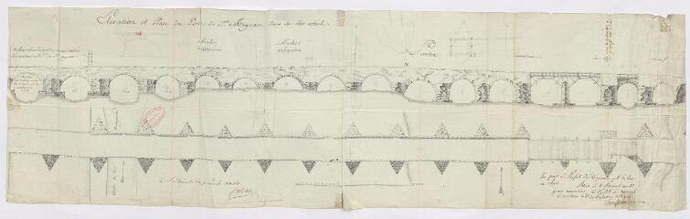 1 vue  - Plan de la route de Blois au Blanc : élévation et plan du pont de Saint-Aignan dans son état actuel, 14 germinal an XIII. (ouvre la visionneuse)