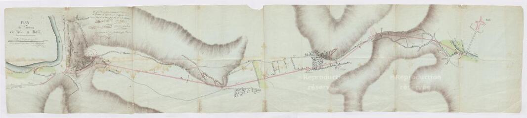 1 vue  - Plan de la route de Montoire à Bessé : partie projetée à ouvrir entre Trôo et Bessé, 12 avril 1793 (ouvre la visionneuse)
