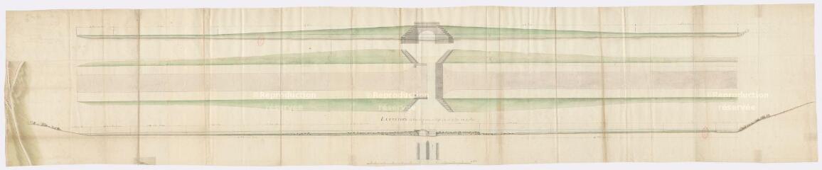1 vue [Averdon] : élévation du plan d'Haverdon et profil, [XVIIIe], plume et aquarelle