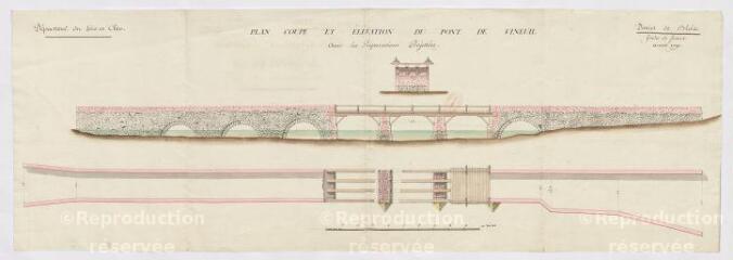1 vue  - Plan de la coupe et de l\'élévation du pont de Vineuil avec les réparations projettées, 1791-1793 (ouvre la visionneuse)