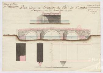 1 vue  - Route de Blois à Château-Renault : plan de la coupe et élévation du pont de Saint-Lubin-en-Vergonnois avec les réparations à y faire, 1791 (ouvre la visionneuse)