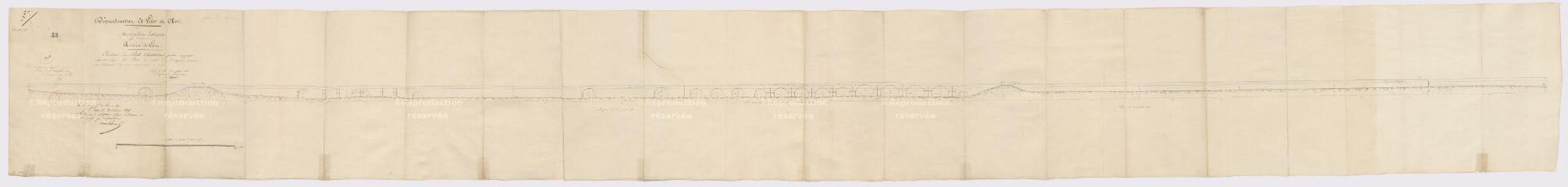 1 vue Plan de l'élévation des Ponts Chartrains, partie comprise entre la levée des Parcs et celle de l'arpent servant au débouché des crues supérieures à 5 mètres, 31 décembre 1825