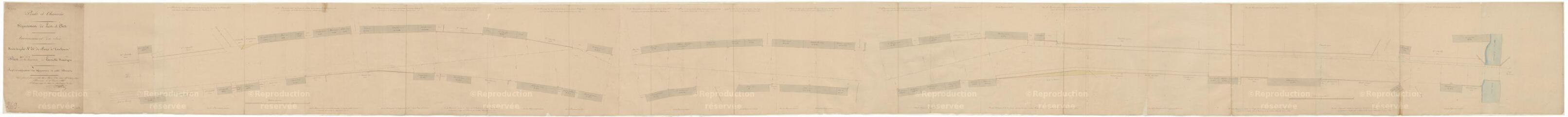 1 vue Lamotte-Beuvron : R.N. 20 (route nationale) ; plan de la traverse du bourg, 1845. Provenance : service des Ponts-et-Chaussées (versé le 25 juin 1929).