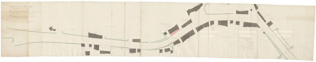 1 vue Nouan-le-Fuzelier : R.N. 20 (route nationale) ; plan de la traverse du bourg, XIXe siècle. Provenance : service des Ponts-et-Chaussées (versé le 25 juin 1929).