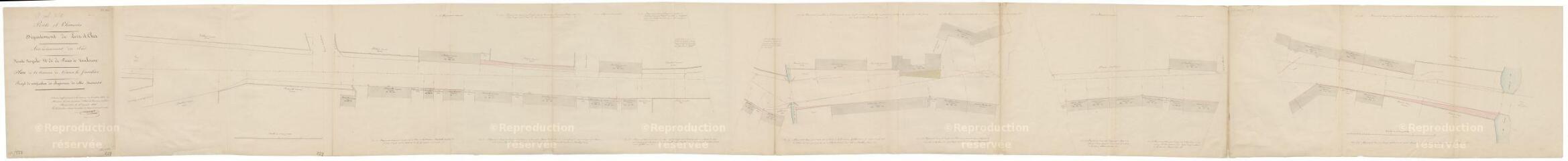 1 vue Nouan-le-Fuzelier : R.N. 20 (route nationale) ; plan de la traverse du bourg, XIXe siècle. Provenance : service des Ponts-et-Chaussées (versé le 25 juin 1929).