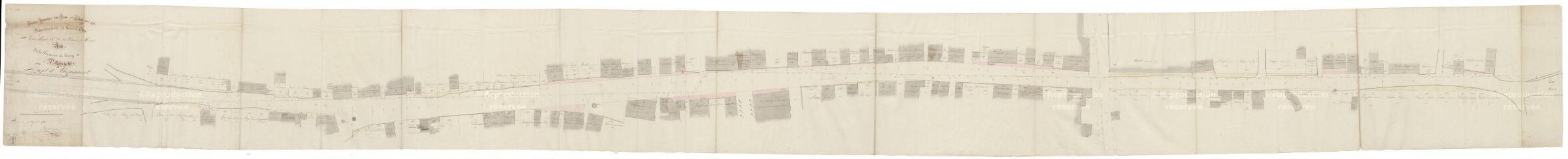 1 vue Villefranche-sur-Cher : R.N. 76 (route nationale) ; plan de la traverse du bourg : projet d'alignement, 1835. Provenance : service des Ponts-et-Chaussées (versé le 25 juin 1929).