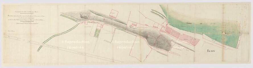 1 vue Plan de la R.N. 152 (route nationale) : nouvelle route d'Orléans à Blois par Menars ; plan de l'abord de Blois par le faubourg Saint-Jean, avec un projet de descente pour communiquer dans le bas de la ville, XVIIIe siècle.
