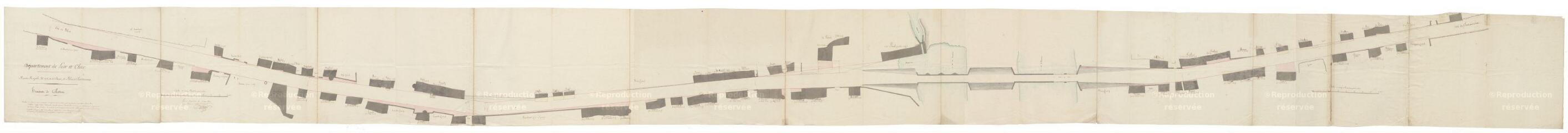 1 vue Cellettes : R.N. 156 (route nationale) ; plan de la traverse du bourg, 1820.