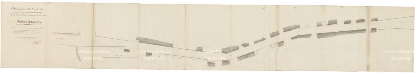 1 vue Chemery : R.N. 156 (route nationale) ; plan de la traverse du bourg, 1822.