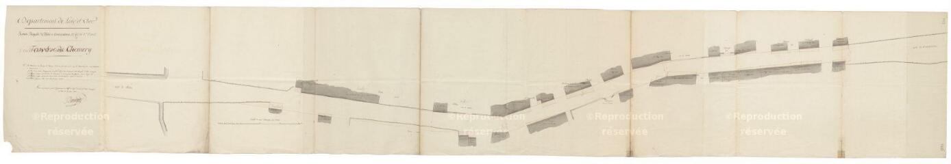 1 vue Chemery : R.N. 156 (route nationale) ; plan de la traverse du bourg, 1822. Provenance : service des Ponts-et-Chaussées (versé le 25 juin 1929).