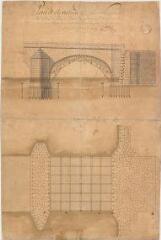 1 vue [Blois] : plan et élévation de la petite arche joignant la cullée du pont de Blois avec l'apareil des pierres et l'assemblage du ceintre de charpente pour la construire, par Gabriel, 1er septembre 1716. Provenance : service des Ponts-et-Chaussées.