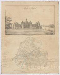 1 vue Chambord : vue du château et plan du parc, avec indication des fermes et des superficies, 1820, imprimé.