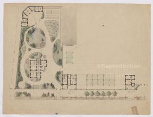 1 vue [Blois : dépôt d'étalons de Blois (haras): plan au sol de différents bâtiments et des jardins, ca 1878]. Provenance : fonds de l'architecte Jules de La Morandière (F 424-427)