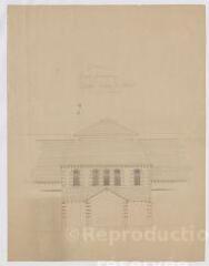 1 vue [Blois] : dépôt d'étalons de Blois (haras): grande écurie : façade postérieure, pavillon milieu et sellerie, [ca 1878]. Provenance : fonds de l'architecte Jules de La Morandière (F 424-427)