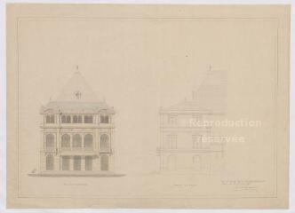 1 vue [Blois : projet d'aménagement et de restauration du théâtre] : façades principale et latérale, février 1867. Provenance : fonds de l'architecte Jules de La Morandière (F 430-431)
