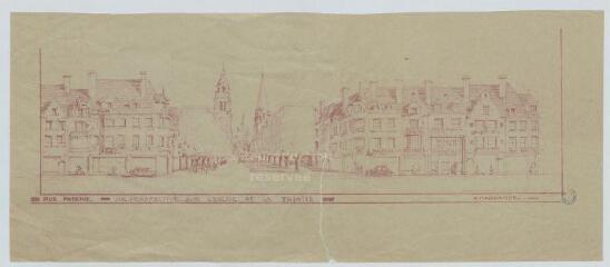 1 vue [Vendôme] : rue Poterie. Vue perspective sur l'église de la Trinité, par Marganne, plan imprimé.
