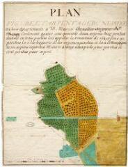 1 vue [Chouzy-sur-Cisse, Blois] : plan figuré et arpentage d'une pièce de bois appartenant à M. Mesnar chevalier seigneur de Chouzy, mai 1774, plume et aquarelle.