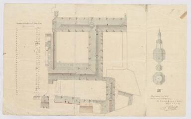 1 vue [Blois] : plan annexé aux devis des couvertures de l'Hôtel-Dieu [combles], par A. Pinault, architecte des hospices, 16 avril 1835, plume et aquarelle.